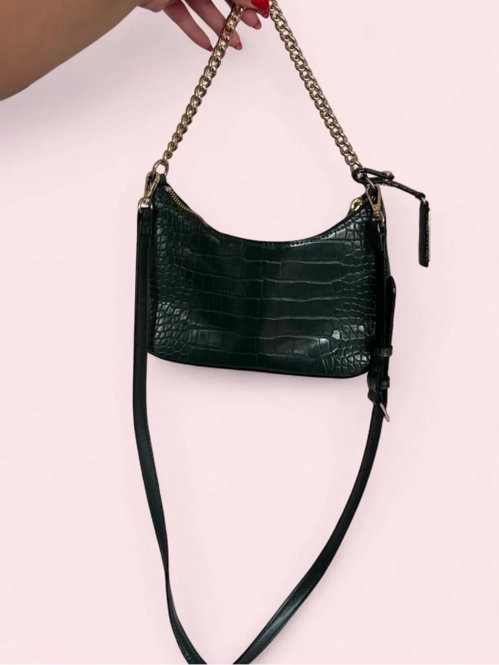 Victoria's Secret Dark Green Croc-Embossed Shoulder Bag with Gold Chain